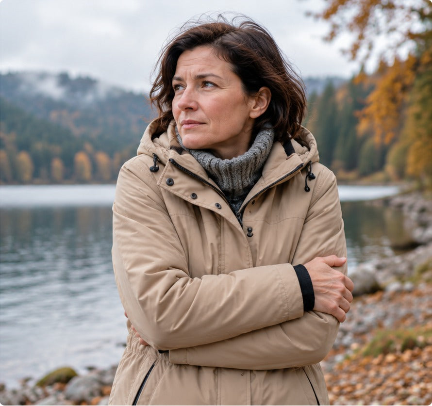 Frau in einer Winterjacke an einem kühlen Herbsttag