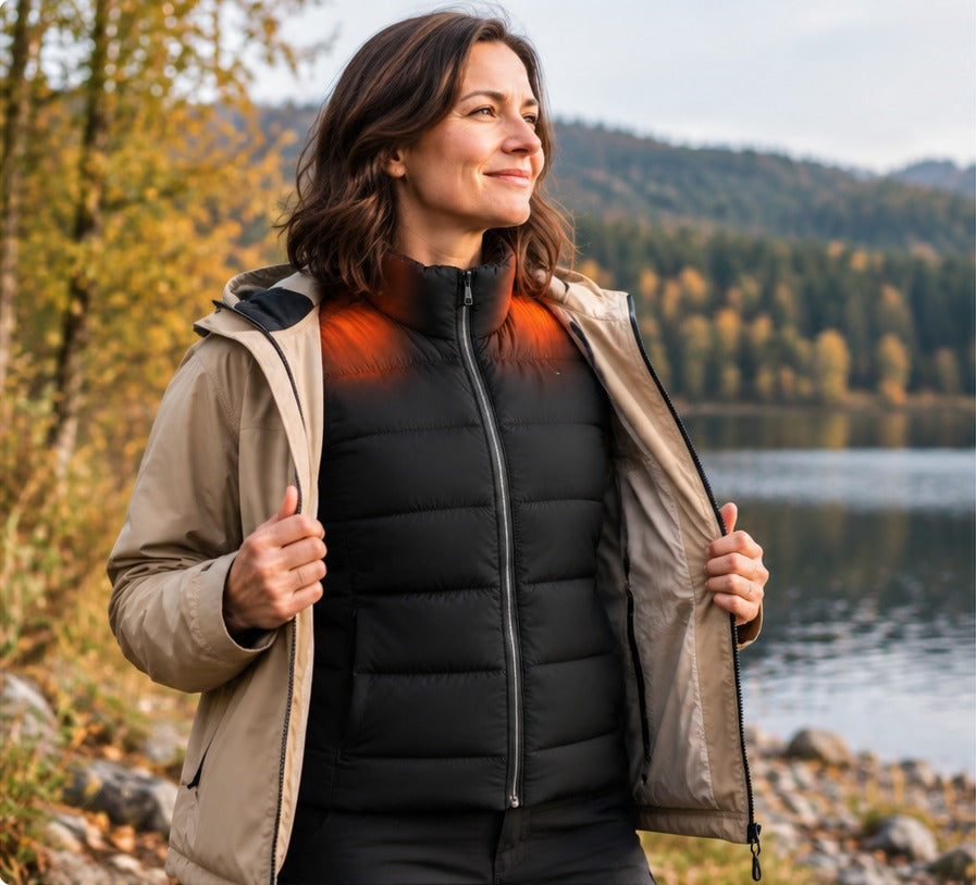 Frau mit FrostBreak Heizweste unter einer offenen Jacke